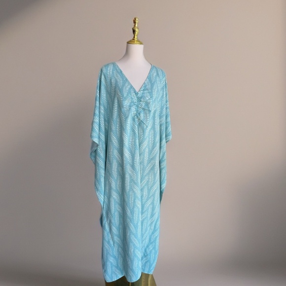 0109/ Pale Teal Leaf Pattern Kaftan, Long Kaftan - Picture 3 of 14
